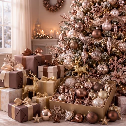 CroBlissful 118 Pcs Christmas Tree Ornaments Set Including Ornaments Balls, Hanging Snowflakes Icicle, Mesh Ribbon, Tree Top Star, Flower, Berries Stems for Xmas Trees Holiday Decor(Brown)