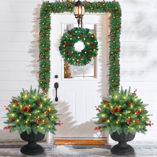 Christmas Tree Urn Filler, Battery Operated with Timer, Pre-lit Warm White & Multi-Color Changing LED Lights, Artificial Xmas Tree for Porch, Pathway, Yard, Outdoor Holiday Decoration (2, Green)