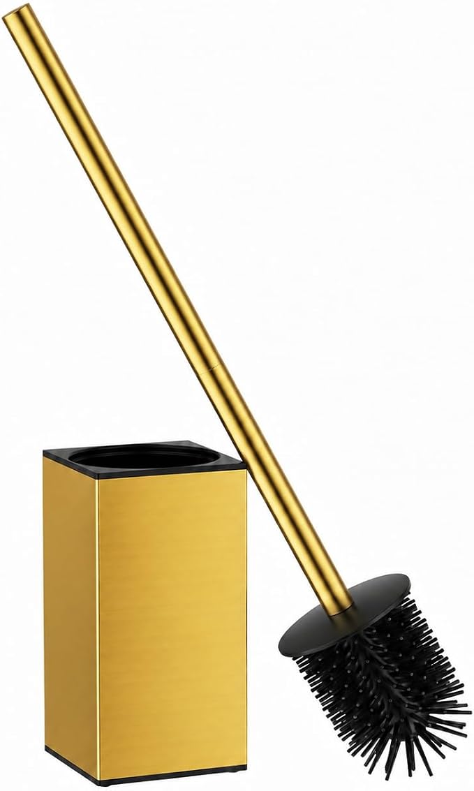 FORIOUS Short Toilet Brush and Holder Set, Heavy Duty 304 Stainless Steel Base Square and Long Handle for Bathroom Deep Cleaning, Drip-Proof, Space Saving for Storage, 2 Toilet Bowl Brush Head, Gold
