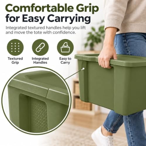 18 Gal Storage Bin with Snap-On Lid, Stackable Tote, Olive