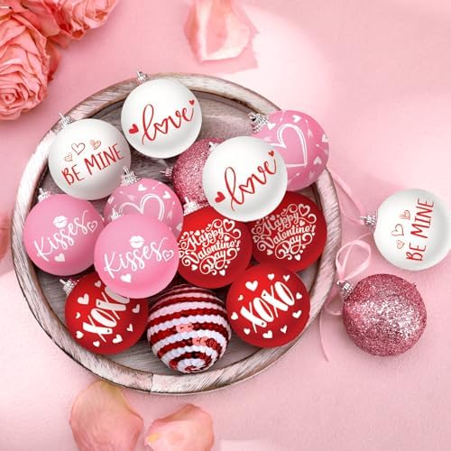 Outus 16 Pcs Valentine's Day Tree Ornaments Ball Vintage Happy Valentine's Day Decorations for Tree Red and Pink Love Kisses Xoxo Pattern Hanging Ornaments Home Farmhouse Holiday Fireplace Party Decor