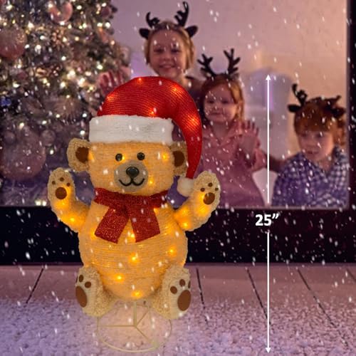 Lighted Christmas Bear Decorations, Pop-Up Bear Outdoor Yard Woodland Christmas Decor Prelit 70 Lights, Collapsible Lighted Bear Wears Santa Hat for Home Porch Yard Christmas Valentines Day-Brown
