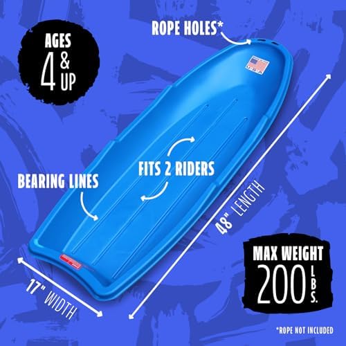 Flexible Flyer Winter Lightning Snow Sleds for Kids and Adults (3-Pack) - 48 Inch Toboggan Style Plastic Sled with Hard Bottom for Fast, Smooth Rides - 1 or 2 Riders (Blue, Green, Orange)