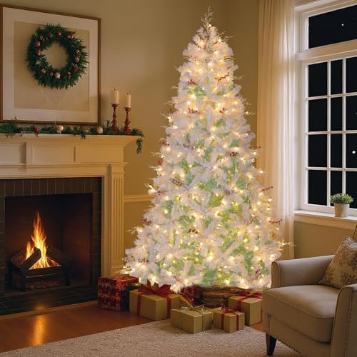 HAPPYGRILL 7FT Pre-lit Artificial Christmas Tree, Hinged Xmas Tree w/ 855 Snow Flocked Branch Tips, 350 Warm White LED Lights, White Twigs, Red Berries, Metal Stand