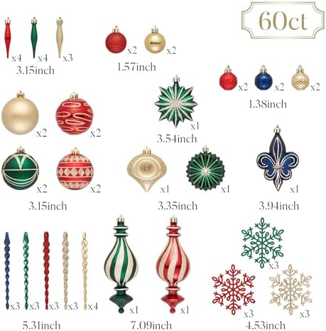 Valery Madelyn 60ct Christmas Tree Decorations Ball Ornaments Set