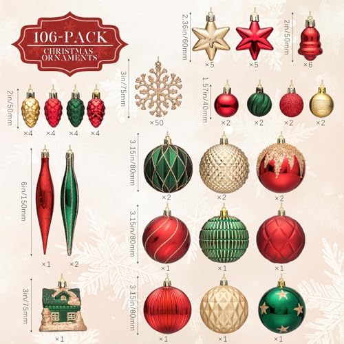JORNOY 106Pcs Christmas Ornaments Set, Shatterproof Assorted Hanging Baubles Decorations Bulk for Christmas Tree Decorations Home Holiday Party Decor, Red & Green & Gold
