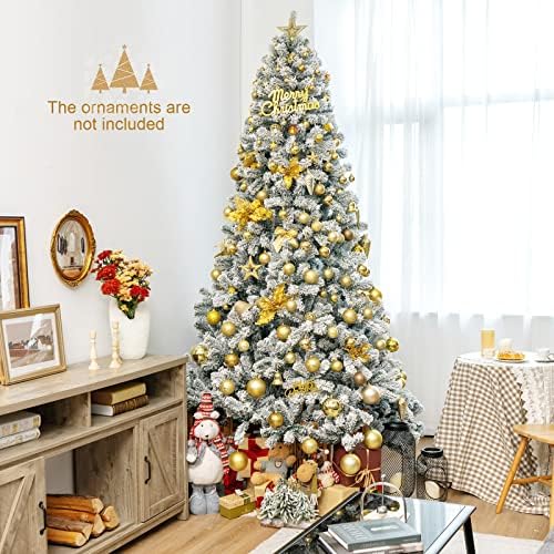 COSTWAY 9 FT Flocked Christmas Tree, Unlit Hinged Xmas Tree with 1498 Snowy Branch Tips & Metal Stand, Artificial Christmas Tree for Home Office Party Decoration, Green & White