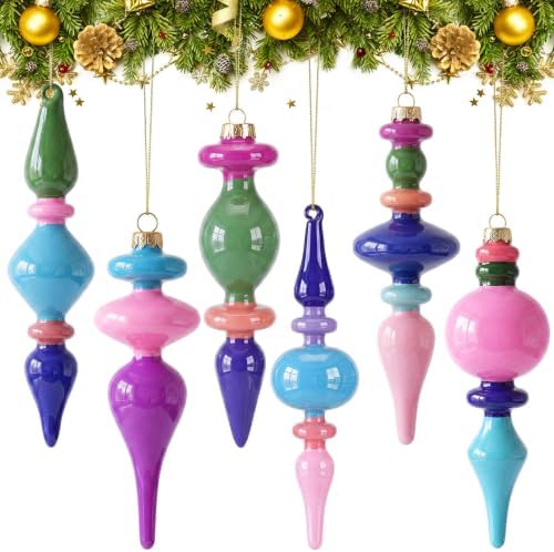 Soulchen 6 Pcs Vintage Glass Finial Christmas Ornaments Retro 6-6.8 Inch