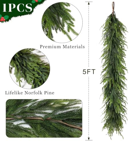 Artificial Christmas Garland, Faux Norfolk Pine for Mantle Decor (5FT 1PCS)