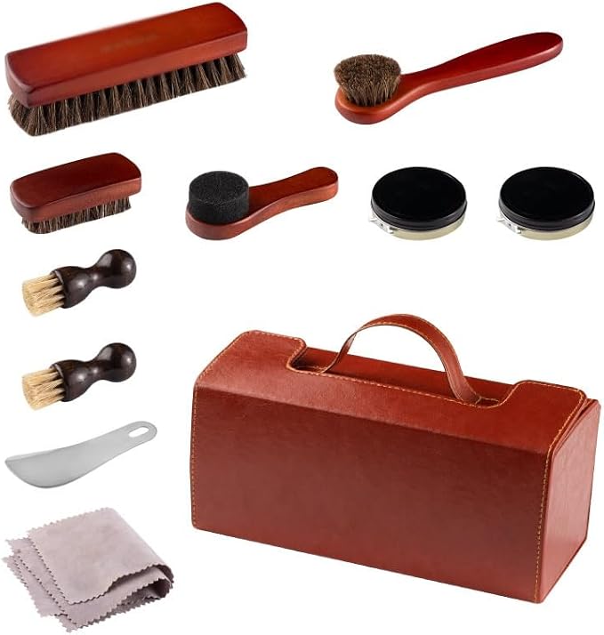 Home Large Shoe Polish Brush Set Leather Care Polishing Tools Horse Bristle Wax Shoehorn(White-Patch Five-Pointed star4)