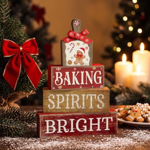 Lineshading 4 Pcs Christmas Table Decor, Gingerbread Baking Spirits Bright