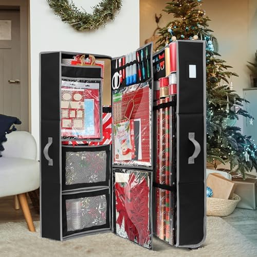 Hearth & Harbor Holiday Storage with Extra 2 PC of Christmas Storage Bins and Ribbon Storage Organizer - Fade Resistant Wrapping Paper Storage Containers with Wheels Fits Up to 30 Rolls of 40" Length