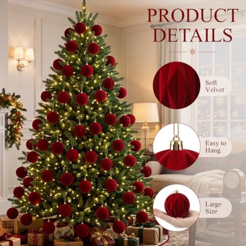 Liliful 3.15 Inch 12 Pcs Velvet Christmas Ornaments Balls, Wine Red
