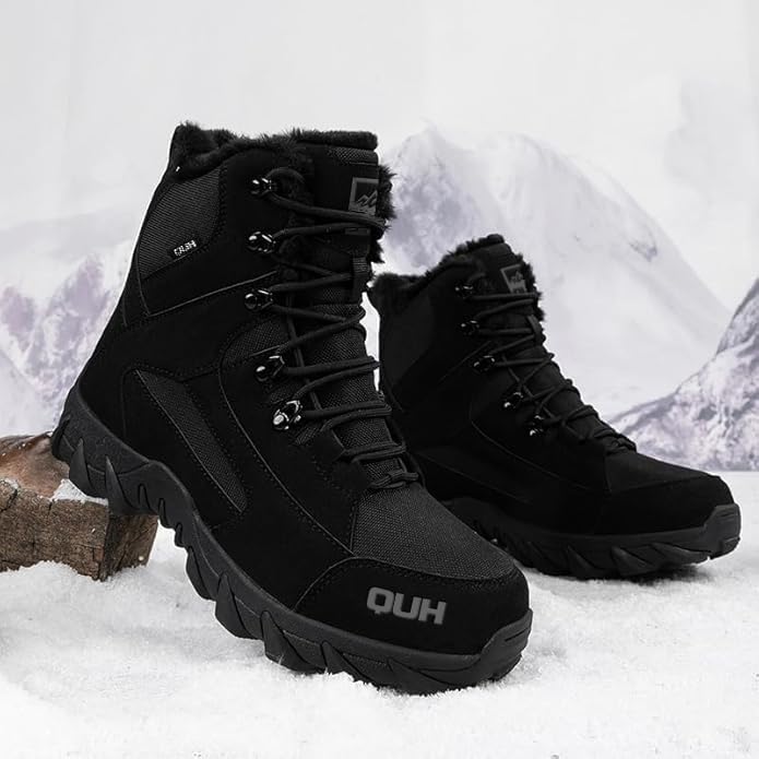 QUH Winter Snow Boots Waterproof Military Training Fur Lined Anti Slip Warm Boots Thickened Cotton Walking Ankle Boots For Man