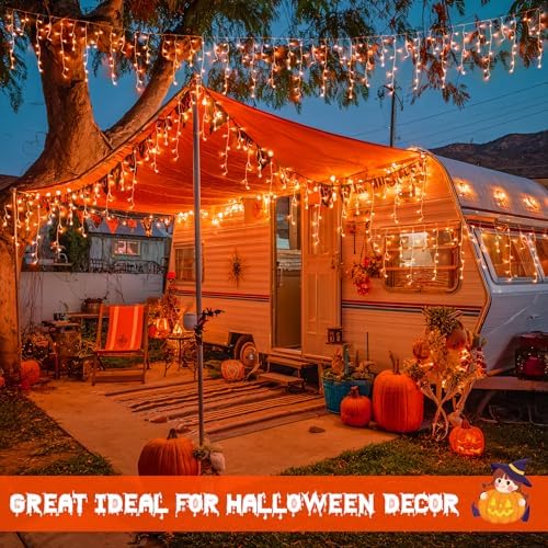 JMEXSUSS Orange Halloween Icicle Lights Outdoor, 800 LED Plug in