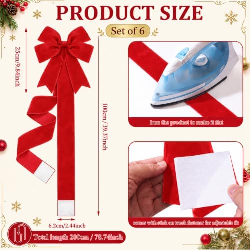 Daifunli 6 Pcs Bright Red Velvet Christmas Cabinet Bows Ribbons for Kitchen