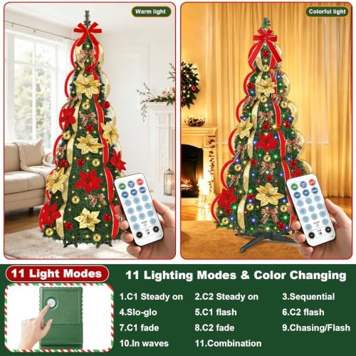 6 Ft Prelit Full Pop Up Christmas Tree, Pop Up Christmas Trees 200 Warm White LED Lights with Remote 8 Lighting Modes & Timer Plug in Collapsible Christmas Trees Outdoor Indoor Party Christmas Decor
