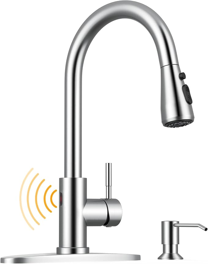 WEWE Touchless Kitchen Sink Faucet with Soap Dispenser, Single Handle Kitchen Faucets with Pull Down Sprayer Smart Motion Sensor Stainless Steel, Brushed Nickel