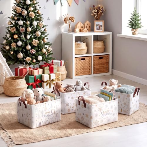 CHENGU 6 Pack Christmas Storage Basket Collapsible Christmas Wishes Basket for Gifts Holiday Decor Let It Snow Sign Large Gold Bin Foldable Xmas Tree Box with Handle for Bedroom Office Home