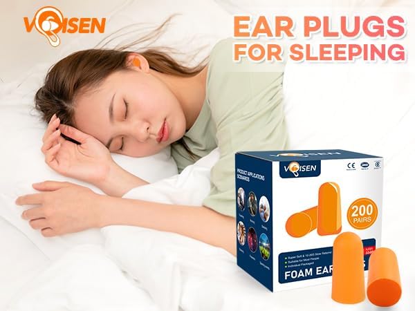 VOISEN Foam Ear Plugs,200 Pairs EarPlugs for Sleeping,32dB NRR 37dB SNR Ear Plug Noise Cancelling for Snoring, Studying,Traveling & Concerts, Individual Package