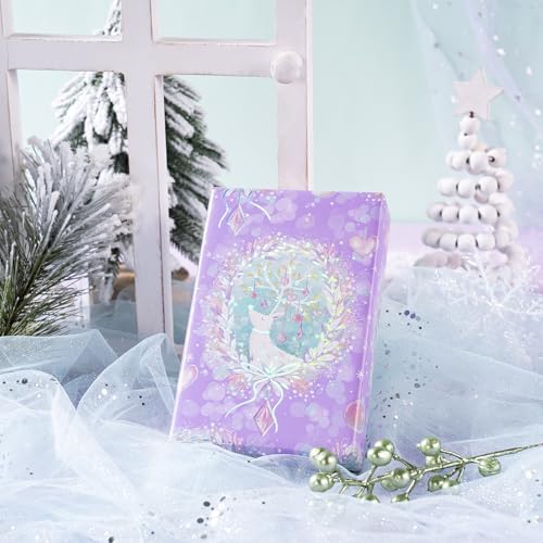 WRAPAHOLIC Reversible Purple Christmas Wrapping Paper - Mini Roll - 17 Inch x 33 Feet - Purple Reindeer and Christmas Garland with with Metallic Foil Shine for Holiday, Party Celebration