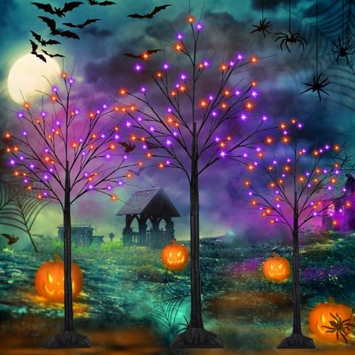 Set of 3, 4ft 5ft 6ft Lighted Black Halloween Tree with Orange Purple Light