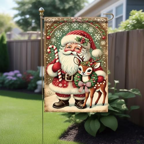 Christmas Garden Flag Santa Claus with Reindeer Flag Holiday Outdoor Yard Decoration 12x18 Inch Double Sided Winter Banner Candy Cane Snowflake Wreath Seasonal Lawn Porch Patio Decor