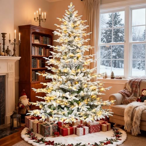 Hykolity 7.5 ft Snow Flocked Aspen Fir Christmas Tree, Prelit Artificial Christmas Tree with 450 Warm White Lights, 1173 PE & PVC Branch Tips, Metal Stand and Hinged Branches