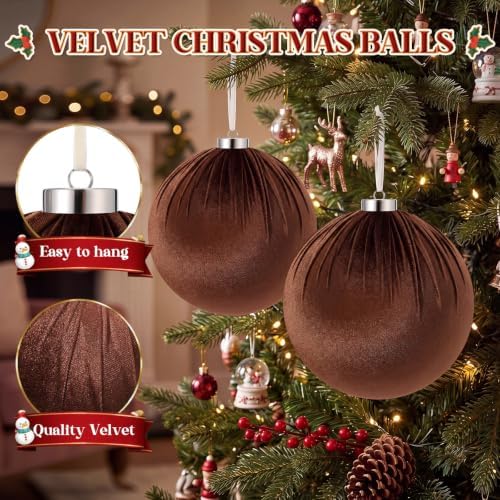 Weysat 6 PCS 8" Extra Large Velvet Christmas Ball Ornaments, Brown