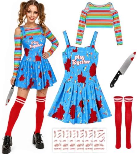 5Pcs Creepy Doll Costume Women Scary Killer Dress Halloween Props