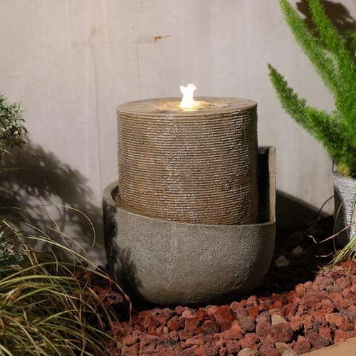 Sunlinua 18H Modern Outdoor Water Fountain with Led Lights Tiered Cascading Waterfall Feature with Quiet Pump Floor Water Fountain for Patio Garden Backyard Decking Home and Indoor Décor Brown Brown