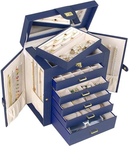 AKOZLIN 6-Tier Jewelry Box Organizer 5 Drawers Storage Blue Large