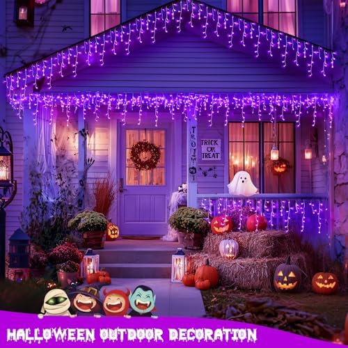 JMEXSUSS 38.8 FT 400 LED Purple Halloween Icicle Lights Outdoor