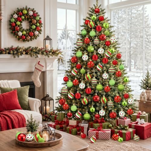 Lunmon 64 Pcs Christmas Ball Ornaments Red Lime Green White Xmas Ornaments 1.6/1.97/2.4 Inch Polka Dots Stripes Peppermint Candy Cane Baubles Modern Shatterproof Christmas Decorations for Tree Home