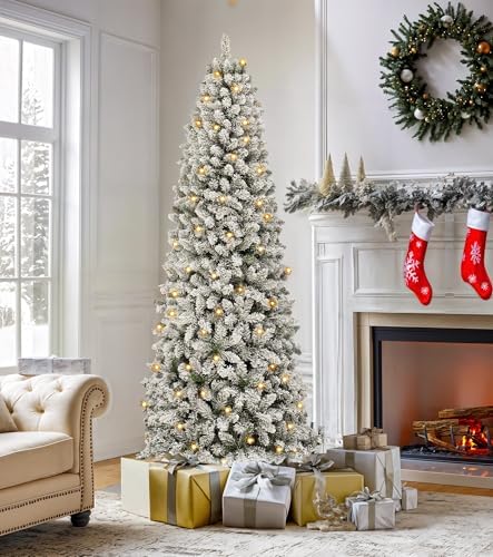 DWVO 6FT Pre-Lit Flocked Pencil Christmas Tree with 300 Dual-Color LEDs