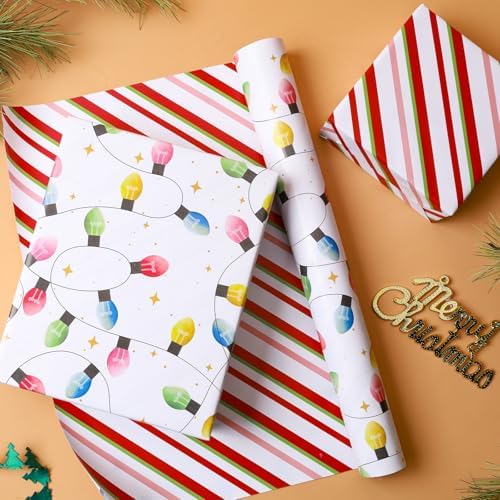 LaRibbons Reversible Christmas Wrapping Paper, Christmas Lights & Striped