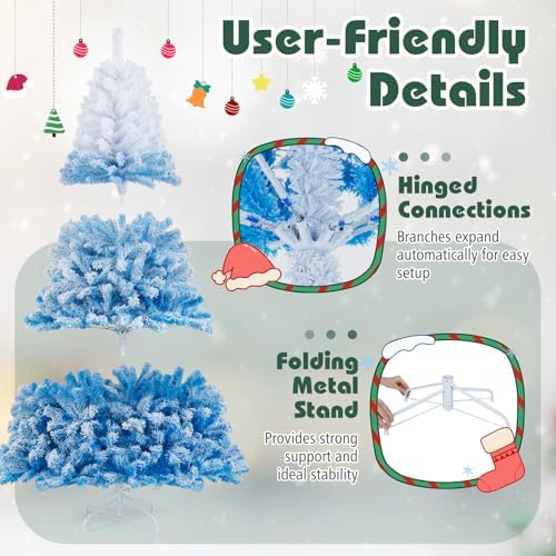 HAPPYGRILL 7 FT Pre-lit Flocked Christmas Tree Blue Hinged Xmas Tree with 1264 Branch Tips, 350 Warm White LED Lights & Folding Metal Stand, for Home Office Carnival