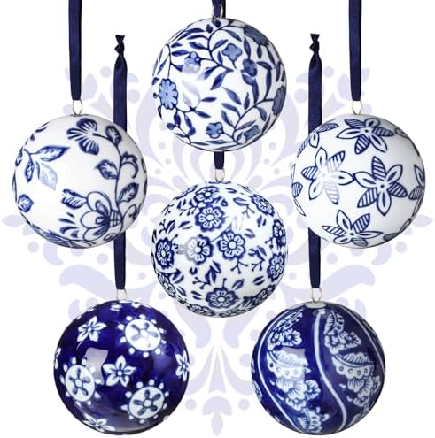 Cindeer 6 Pcs Blue and White Christmas Porcelain Balls, Novelty Style
