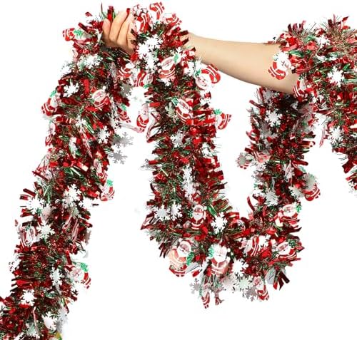 50 Feet Red Green Christmas Metallic Tinsel Twist Hanging Garland with Snowflake Santa Claus for Home Mantle Xmas Tree Staircase Railing New Year Holiday Party Indoor Outdoor Decorations