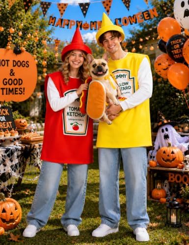 Ketchup Mustard and Hot Dog Costume Adult Set 5PCS Funny Food Tunic Outfits for Couples Family Halloween Party Cosplay