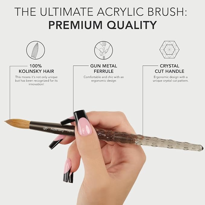 Kiara Sky Kolinsky Acrylic Nail Brush #12 – Pure Kolinsky Sable Hair, Black Crystal Handle, Acetone Resistant, for Acrylic Application, Extensions & 3D Nail Art
