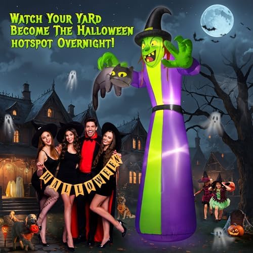 zukakii 12FT Giant Halloween Inflatables Witch Outdoor Decorations, Huge Halloween Blow Up Spooky Witch Grabbing Black Cat Yard Decoration Built-in LEDs & Strong Blower Large Tall for Lawn Party