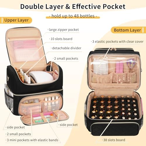 CUBETASTIC Nail Polish Organizer & Storage Bag for 48 Bottles & Full-Size Lamp, Double-Layer Travel Case Box for Nail Supplies, Manicure Kit & Pedicure Tools (Black, 48 Slots)