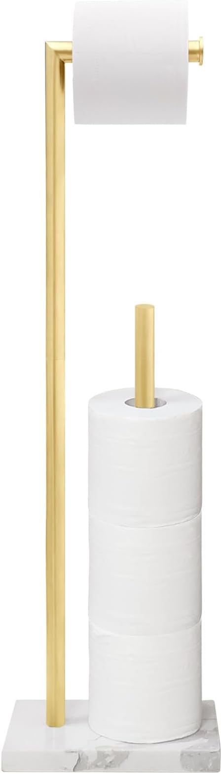 GZILA Toilet Paper Holder Stand Brushed Gold with Reserve, Marble Base Design, Free Standing Bathroom Tissue Roll Holder Freestanding, SUS304 Stainless Steel