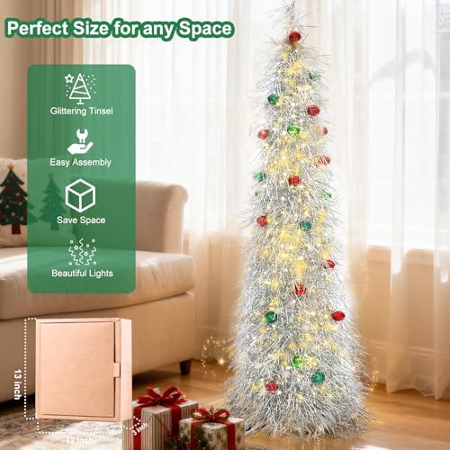 Christmas Tree 6FT Artificial Xmas Decor Pop Up with Decoration Silver