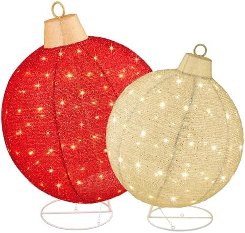 Best Choice Products 2pc Lighted Pop-Up Outdoor Christmas Ornament Set, Holiday Ball Decoration w/ 180 LED Lights, 8 Light Functions - Red/Gold