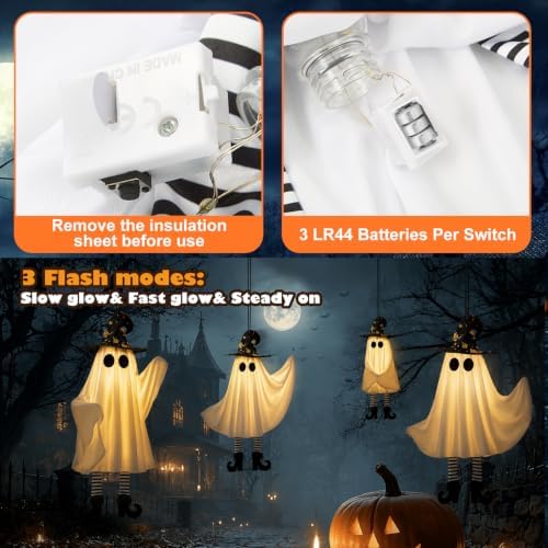 Halloween Decorations Outdoor Indoor, 4pcs Hanging Ghost Decor with Light, Adjustable Arm Swinging Witch Hat Ghosts for Halloween Decor, Perfect for Yard, Patio, Garden, Tree (Includes 24 Batteries)
