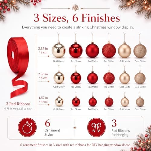 56 Pcs Red Gold Christmas Window Hanging Ball Ornament Window Decorations