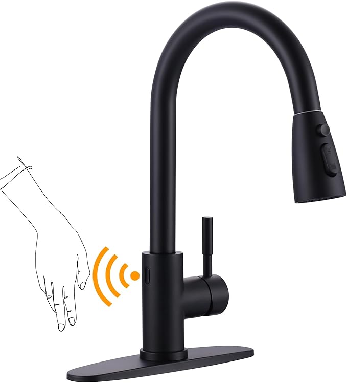 WOWOW Touchless Kitchen Faucet with Sprayer, Smart Motion Sensor Matte Black Kitchen Sink Faucet, Stainless Steel Kitchen Faucet for Sink 1 or 3 Hole Single Handle Kitchen Tap