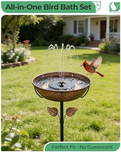13" Solar Bird Bath with LED Fountain, 1.4 Gal Metal Birdbath